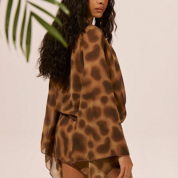 Coffee Brown Women's sheer Chiffon Long Sleeve Plunge Cowl Neck ultra Mini Dress - Picture 3 of 5